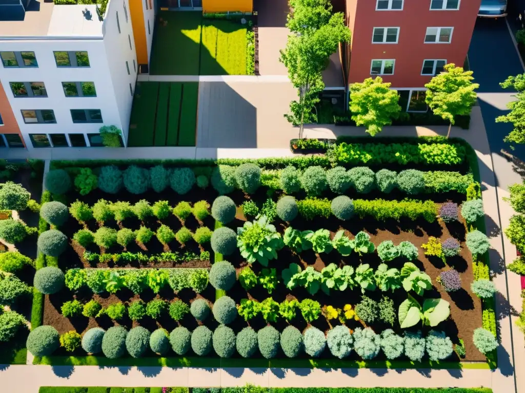 Vibrante jardín comunitario urbano con cultivos exuberantes y armonía, ideal para novatos en agricultura urbana