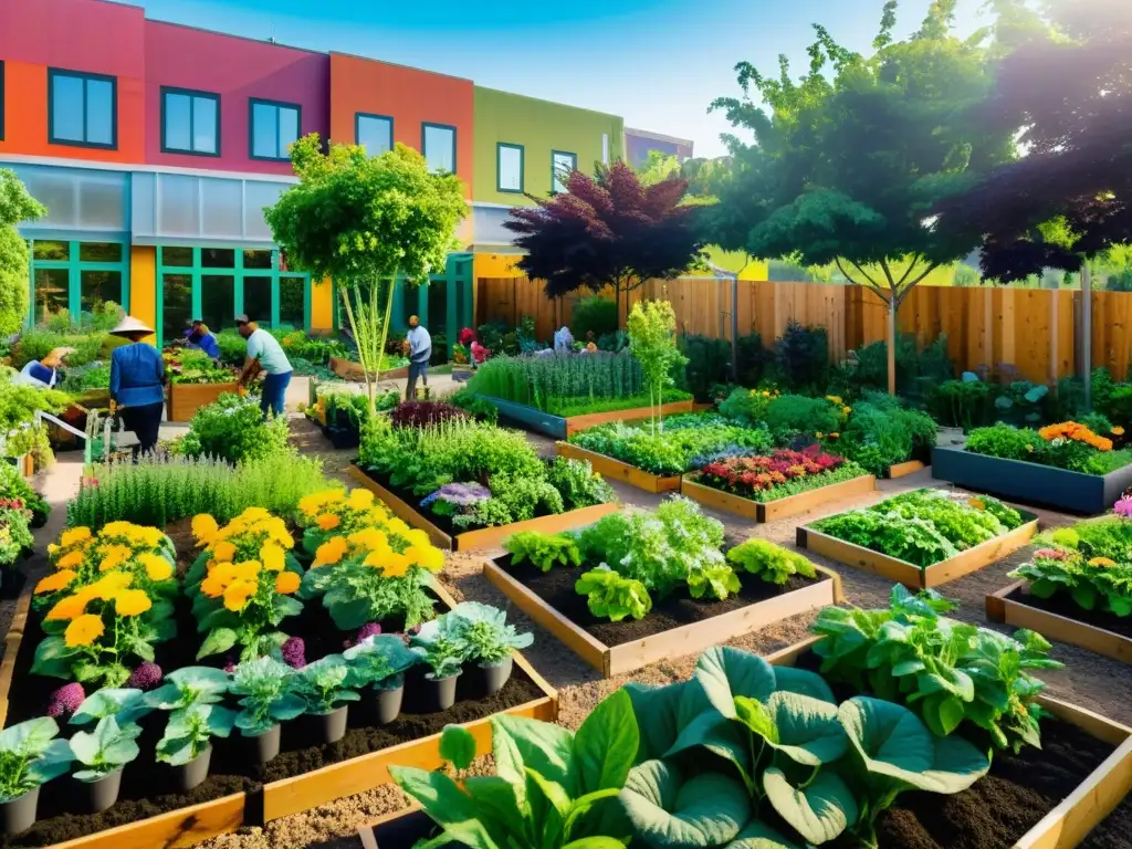 Un vibrante jardín comunitario urbano reflejando fortalecimiento comunitario agricultura urbana con diversidad y crecimiento