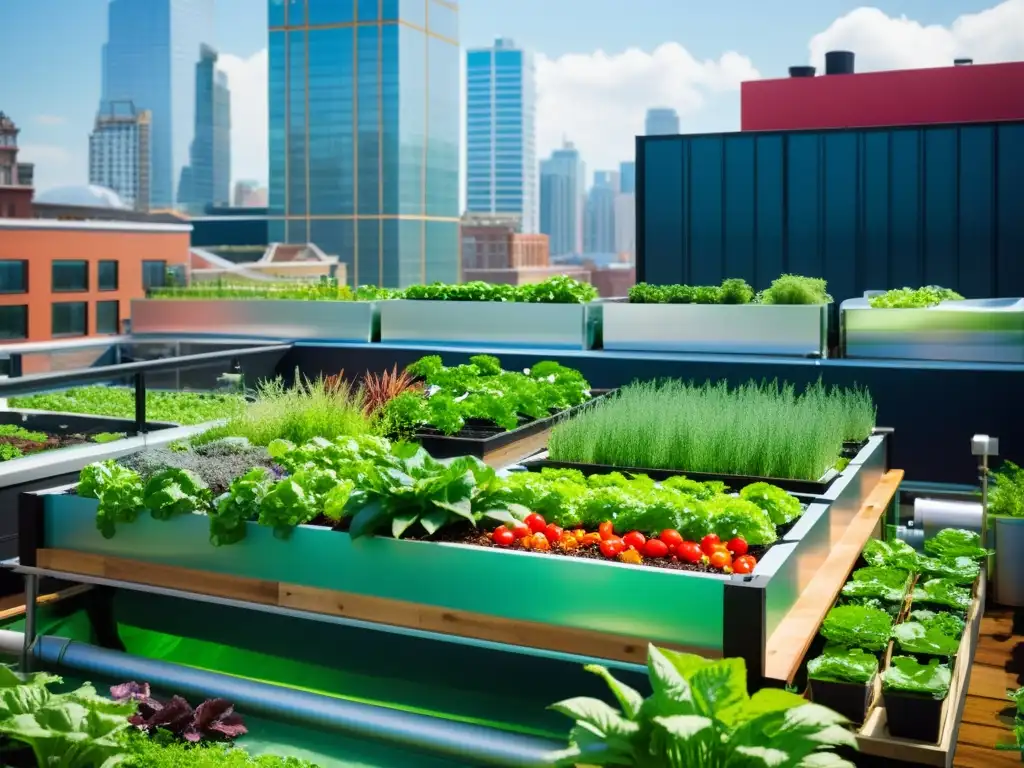 Una vibrante cosecha acuapónica urbana con verduras coloridas y un moderno sistema acuapónico, integrado en un jardín urbano en la azotea de la ciudad