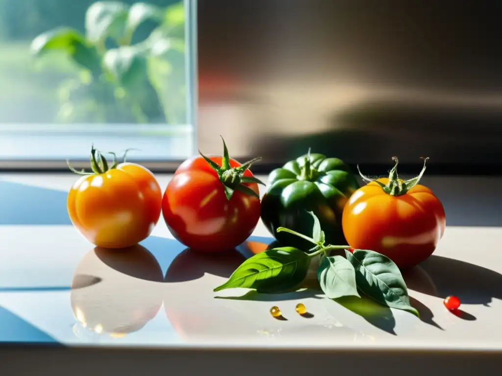 Exquisita variedad de ingredientes frescos para deliciosas recetas Vibrante cosecha de tomates, albahaca, ajo y chiles en cocina moderna