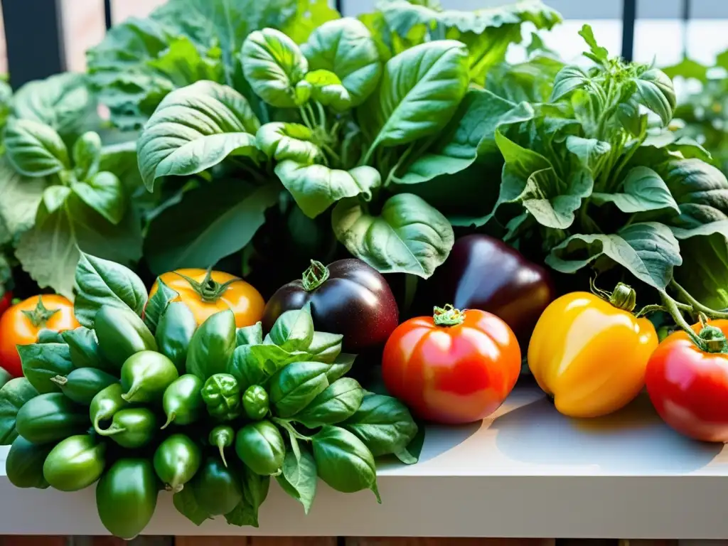 Una vibrante cosecha urbana con tomates, lechuga, hierbas y pimientos