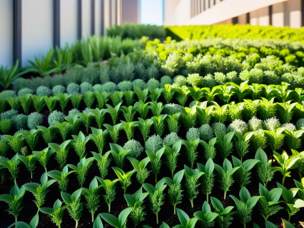 Vibrante cultivo de semillas de chía en huerto urbano, con plantas exuberantes y flores delicadas, contrastando con la arquitectura moderna