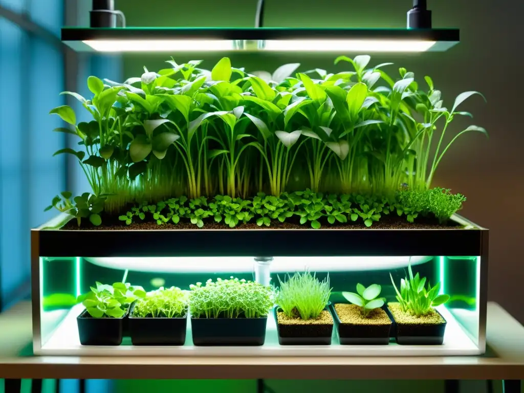 Vibrante cultivo de microgreens en acuaponía con sistema moderno e innovador