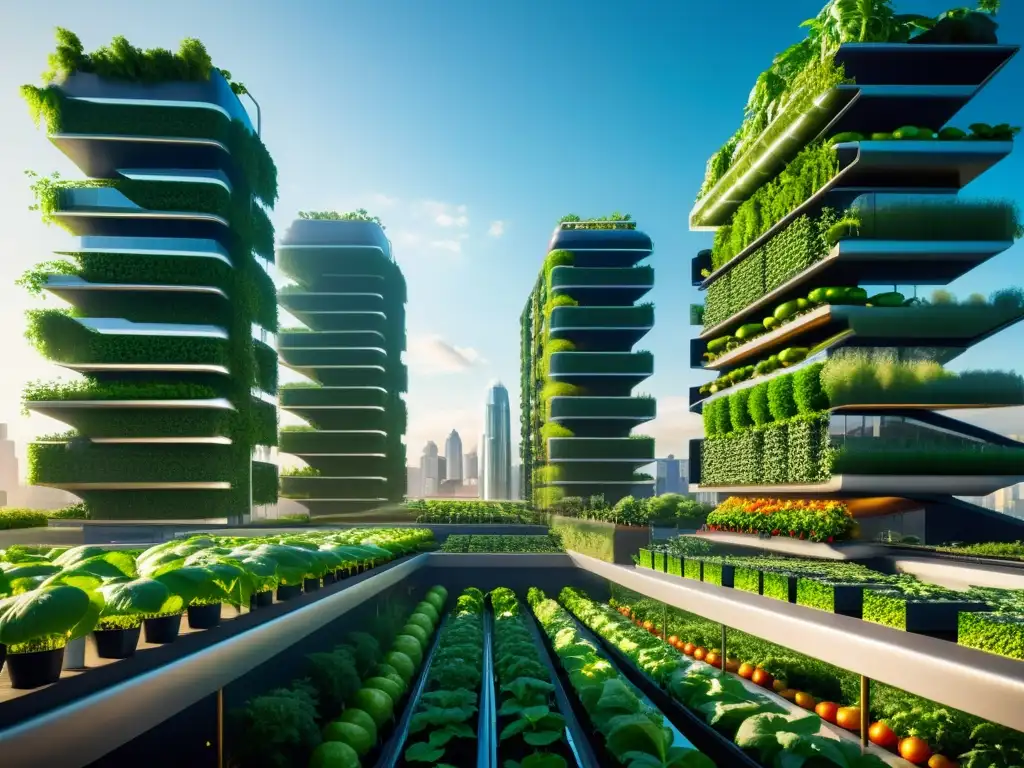 Vibrante cultivo vertical en agricultura urbana, fusionando naturaleza y tecnología en un paisaje futurista