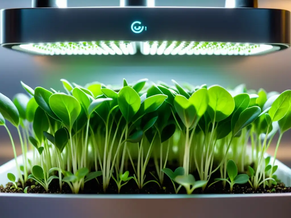 Vibrante cultivo vertical de microgreens en espacios urbanos, con hojas texturizadas y raíces sumergidas en agua nutritiva bajo luces LED