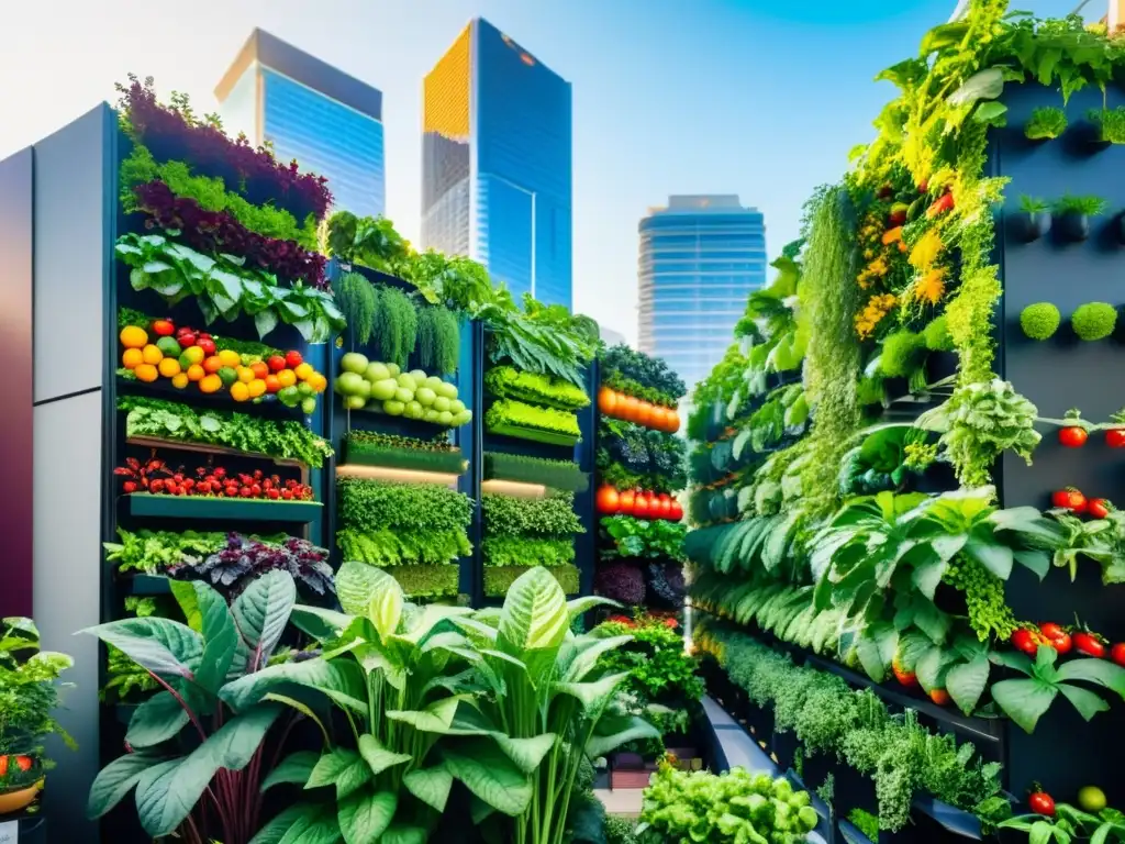 Vibrante cultivo vertical de variedades nutritivas en la ciudad, integrando frutas y verduras coloridas en un paisaje urbano moderno