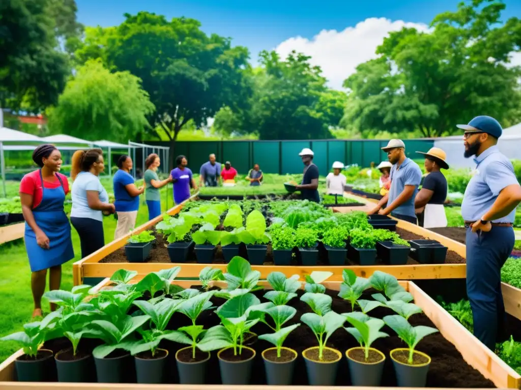 Un vibrante curso de innovación en agricultura urbana, con personas participando en actividades de cultivo en un entorno urbano moderno y natural