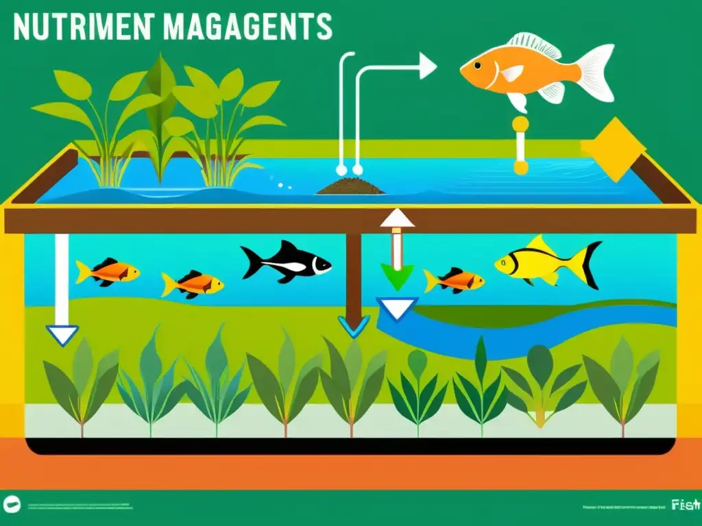 Vibrante ilustración detallada de un sistema de gestión de nutrientes acuaponía con flujo claro y eficiente