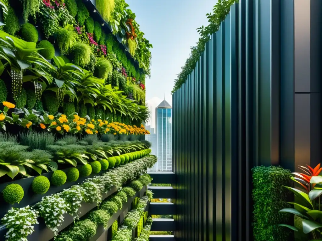 Vibrante diseño de huerto vertical urbano con plantas exuberantes