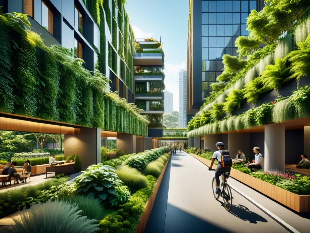 Vibrante diseño urbano integrando naturaleza: moderna arquitectura con jardines en azoteas y paredes verdes, calles arboladas y ciclistas ecofriendly