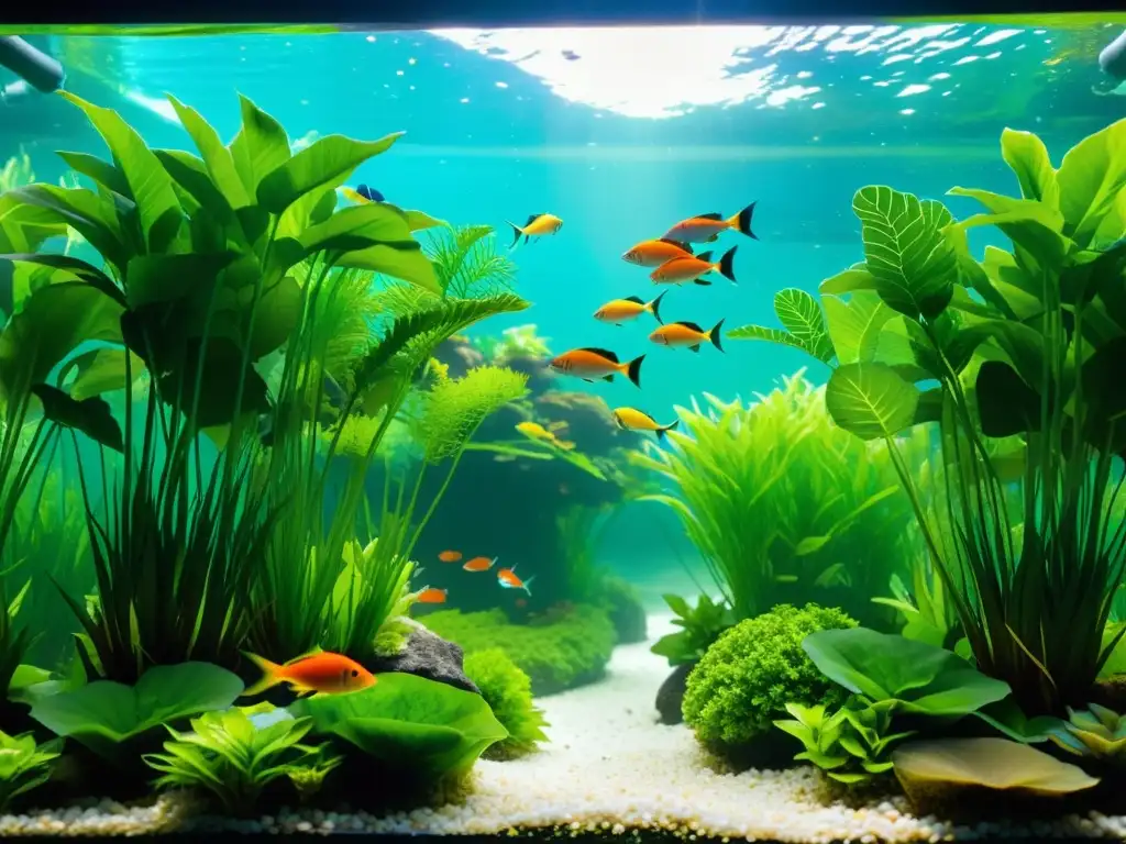 Un vibrante ecosistema acuático con una escuela de peces coloridos y exuberantes plantas acuáticas