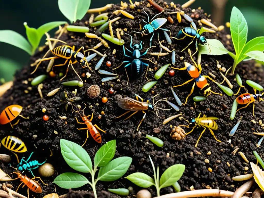 Un vibrante ecosistema de compostaje urbano rebosante de vida y movimiento, mostrando la prevención de plagas en compost urbano