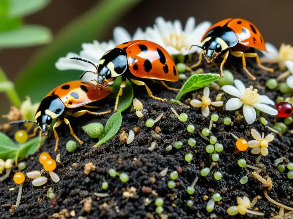 Vibrante ecosistema de insectos beneficiosos en compost urbano previene plagas