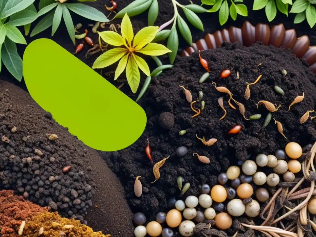 Vibrante ecosistema de microorganismos beneficiosos en compost urbano