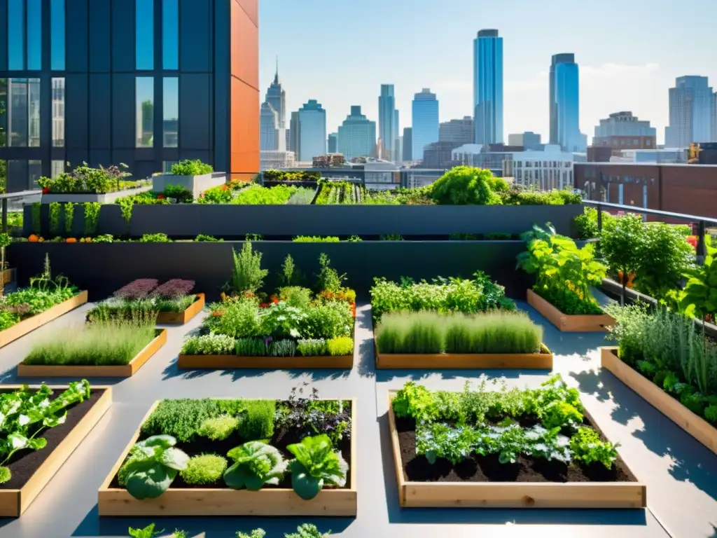 Una vibrante escena de agricultura urbana con diversidad de frutas, verduras y personas comprometidas en actividades de cultivo en un ambiente urbano