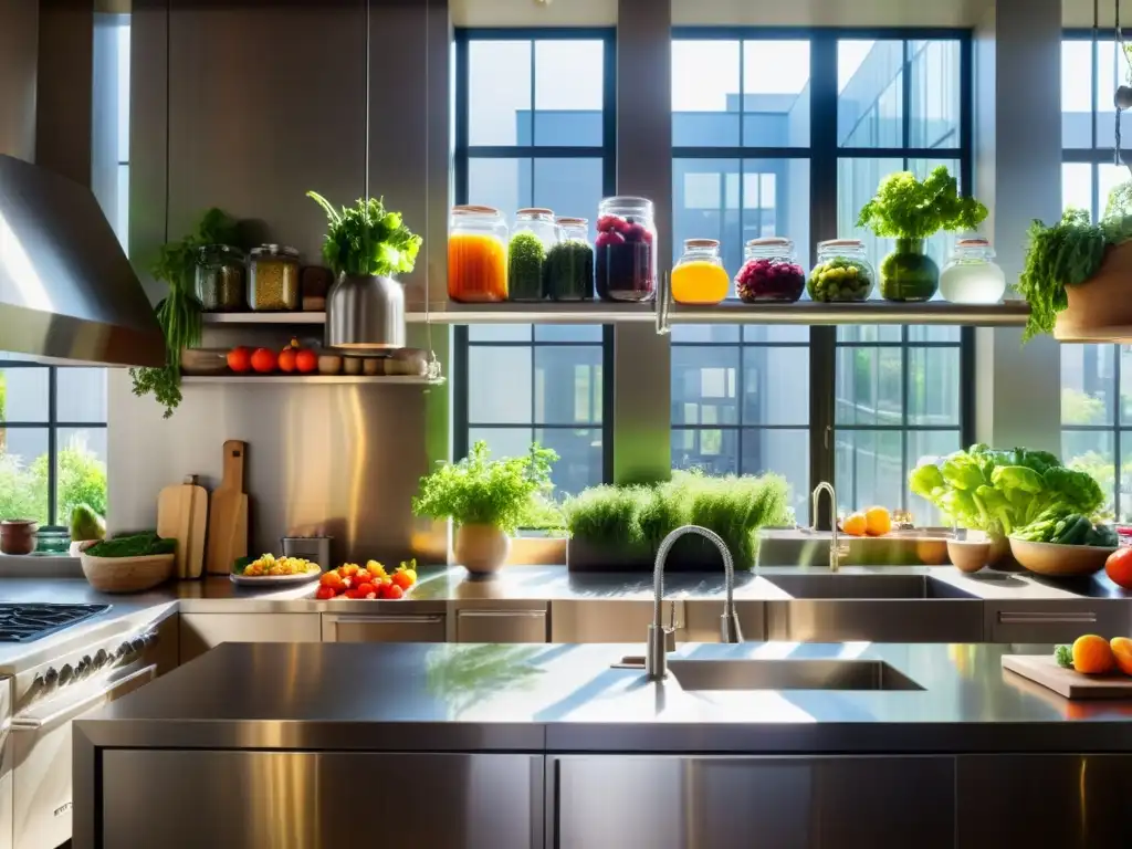 Vibrante escena de fermentación en la cocina urbana con frutas y verduras coloridas en tarros, mostrando una escena culinaria sostenible y vibrante