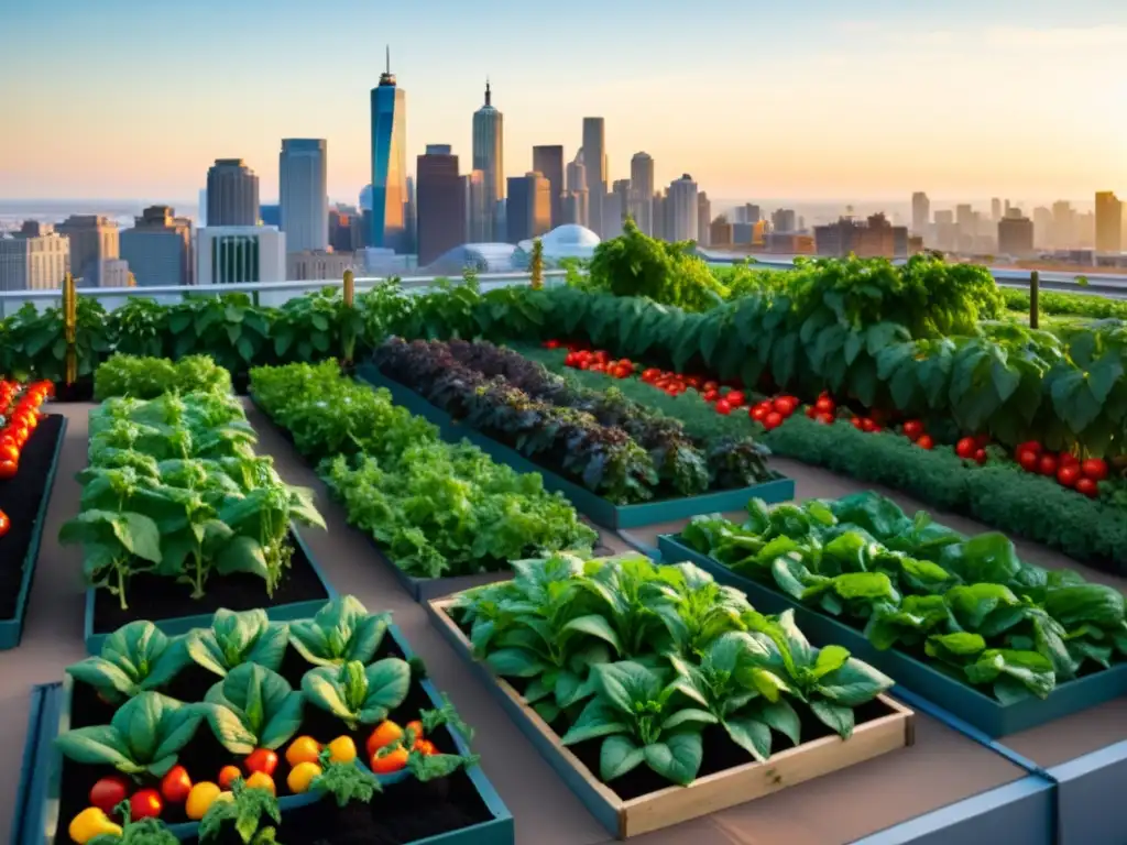 Una vibrante escena urbana con huerto en azotea resaltando la agricultura urbana