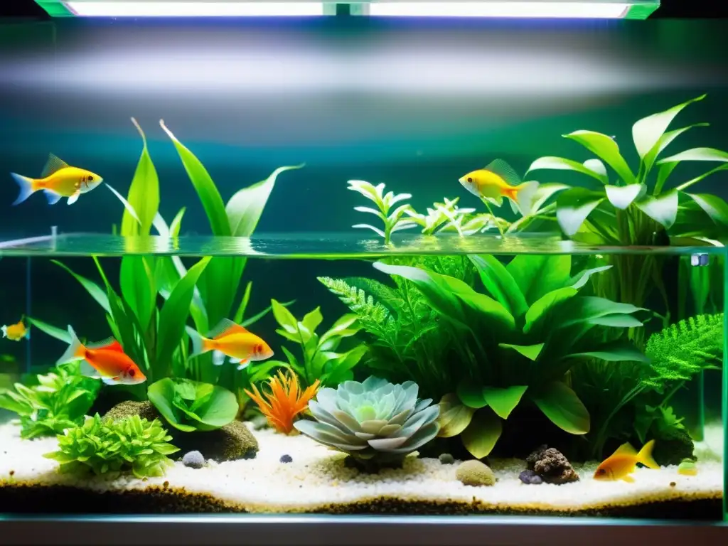 Un vibrante escenario submarino en un moderno sistema de acuaponía, con peces y plantas acuáticas saludables y exuberantes