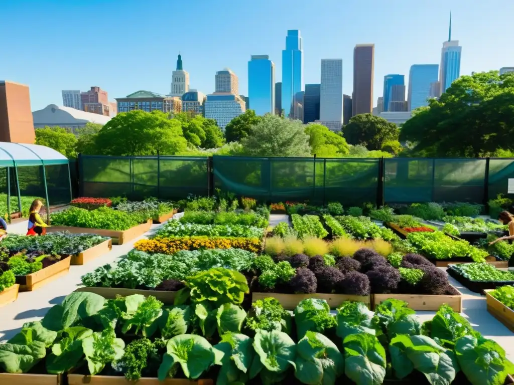 Un vibrante jardín escolar urbano, comunidad activa cuidando plantas, cosechando y aprendiendo en un entorno educativo y natural