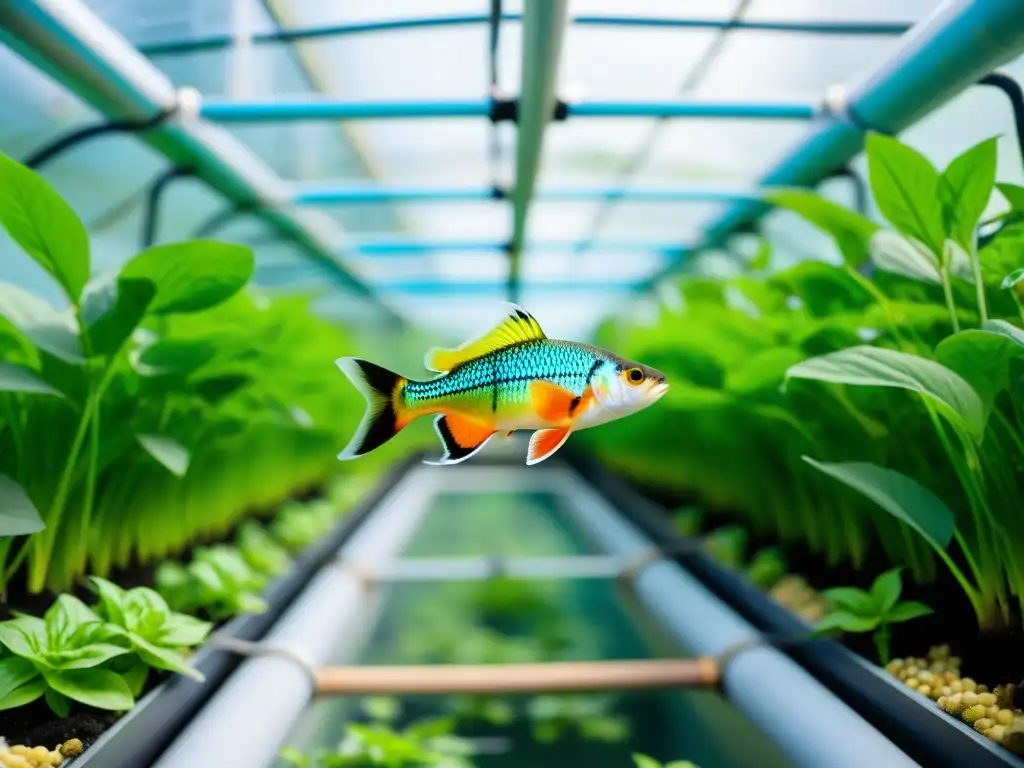 Vibrante escuela de peces entre plantas acuáticas, resaltando la importancia del oxígeno disuelto en acuaponía