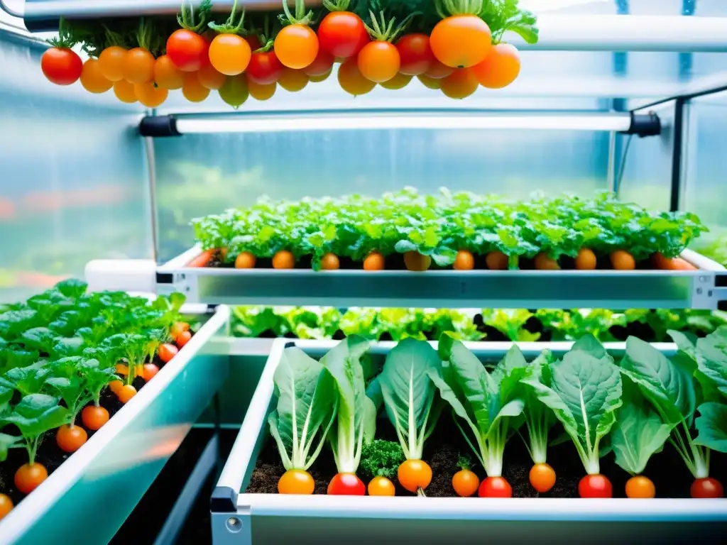 Un jardín acuapónico vibrante y exuberante con hileras de lechugas verdes, tomates rojos y zanahorias naranjas