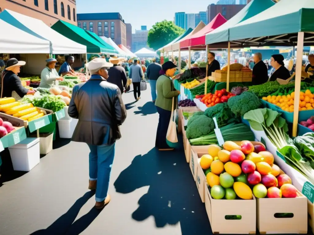 Una vibrante feria urbana llena de energía y diversidad, con puestos de frutas y verduras frescas