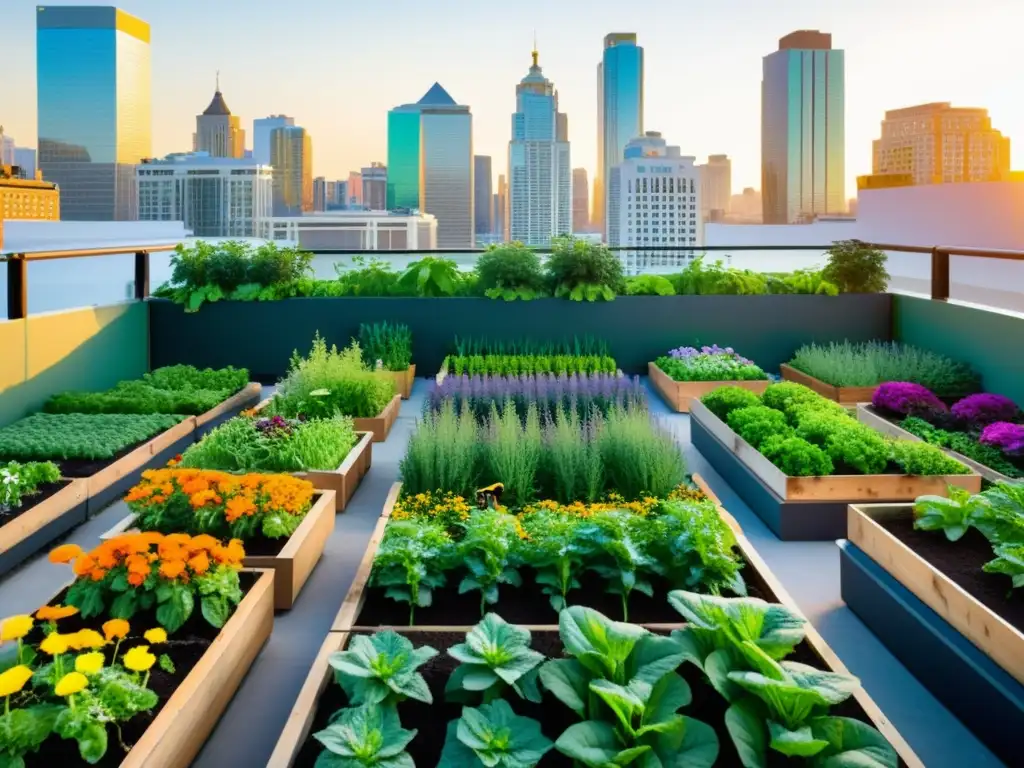 Una vibrante granja urbana en tiempos de crisis, en un bullicioso jardín en la azotea de la ciudad con plantas exuberantes y abejas ocupadas