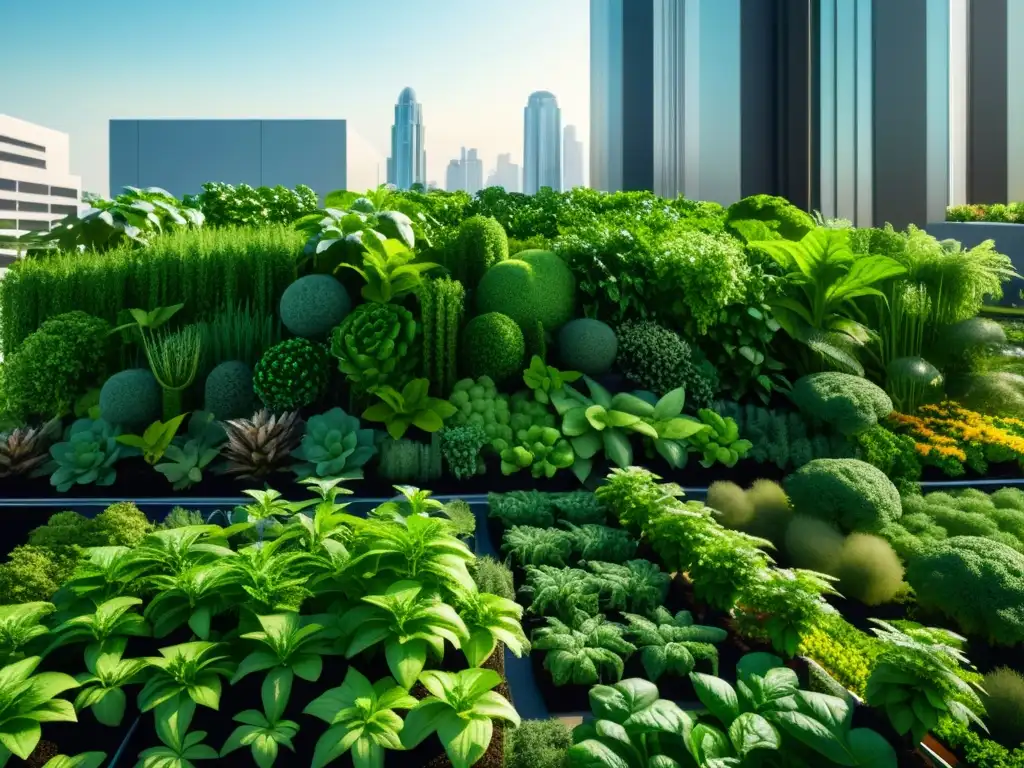 Vibrante granja vertical urbana con técnicas de cultivo para promover la biodiversidad en un entorno futurista de rascacielos iluminado por el sol