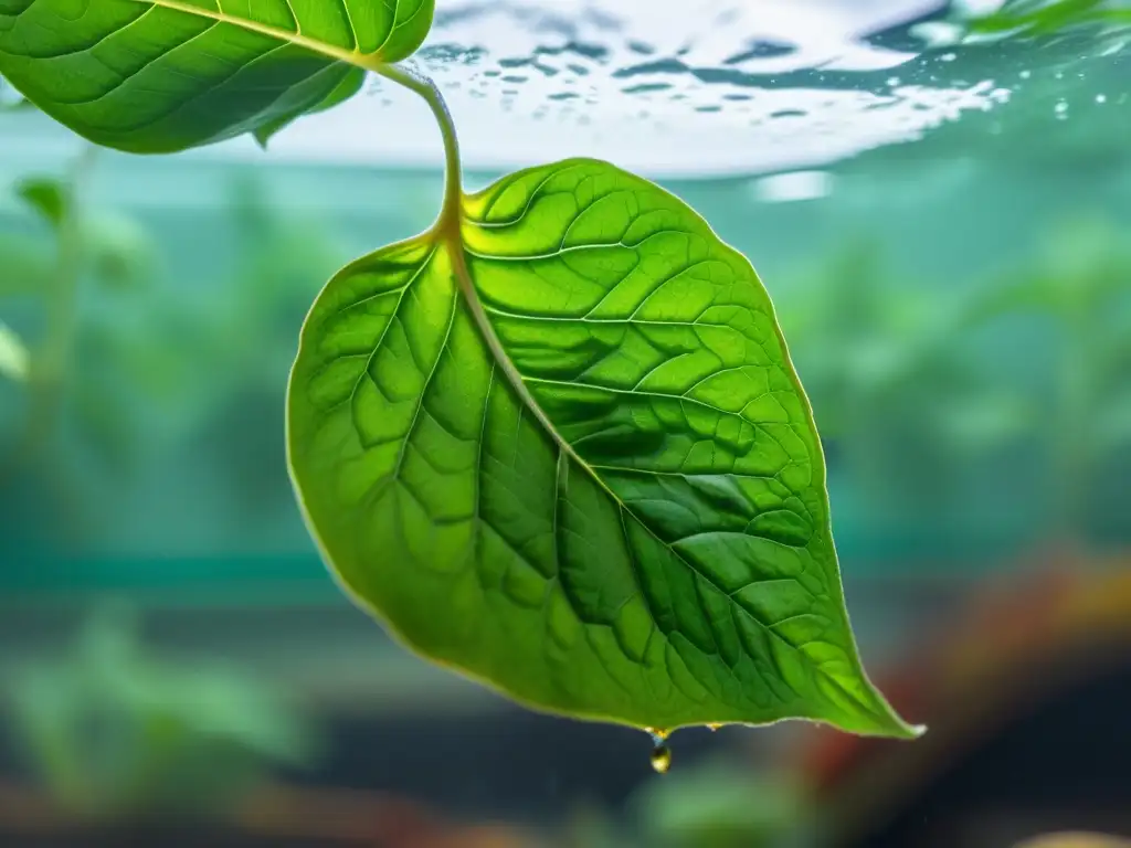 Vibrante hoja de albahaca en agua clara de sistema acuaponía