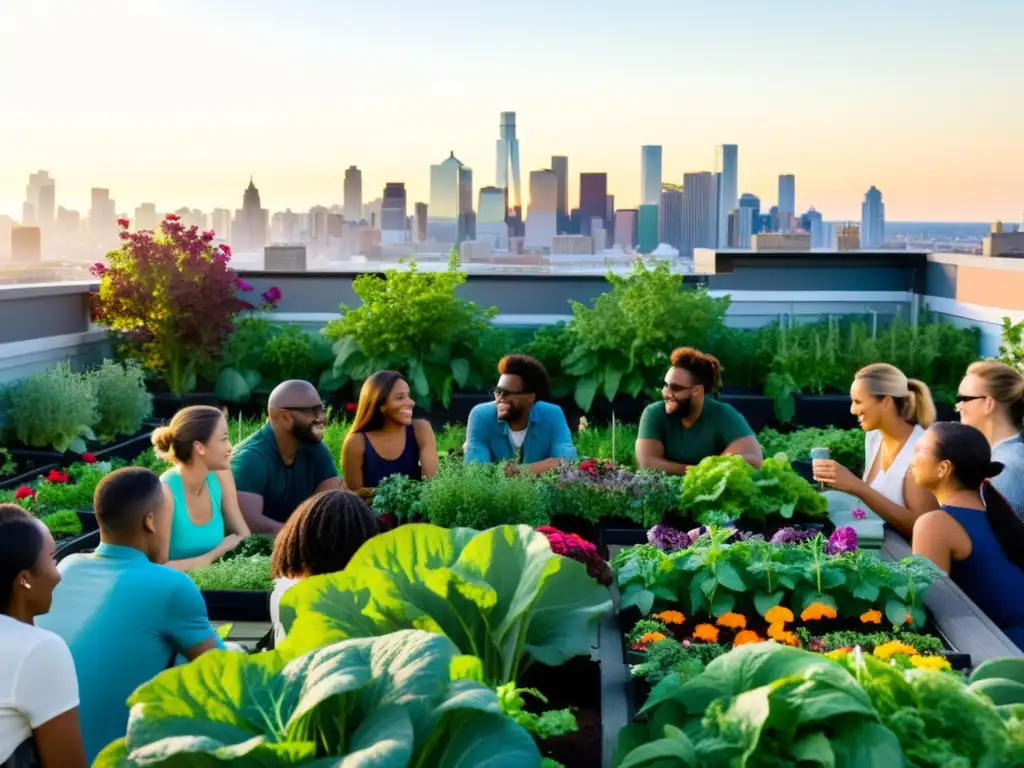 Una vibrante huerta urbana en la azotea, con vegetales verdes y flores coloridas, la ciudad de fondo