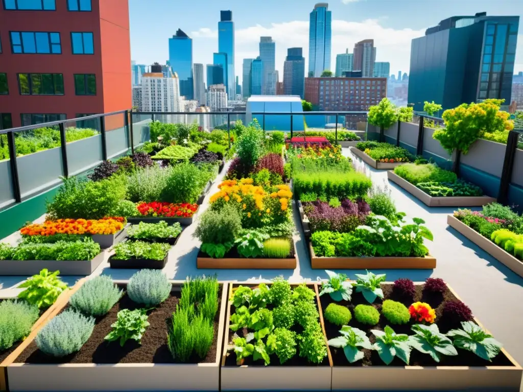 Jardín urbano vibrante: naturaleza y sostenibilidad en la ciudad Una vibrante huerta urbana con frutas, verduras y flores coloridas, reflejando técnicas de conservación natural en huertos urbanos