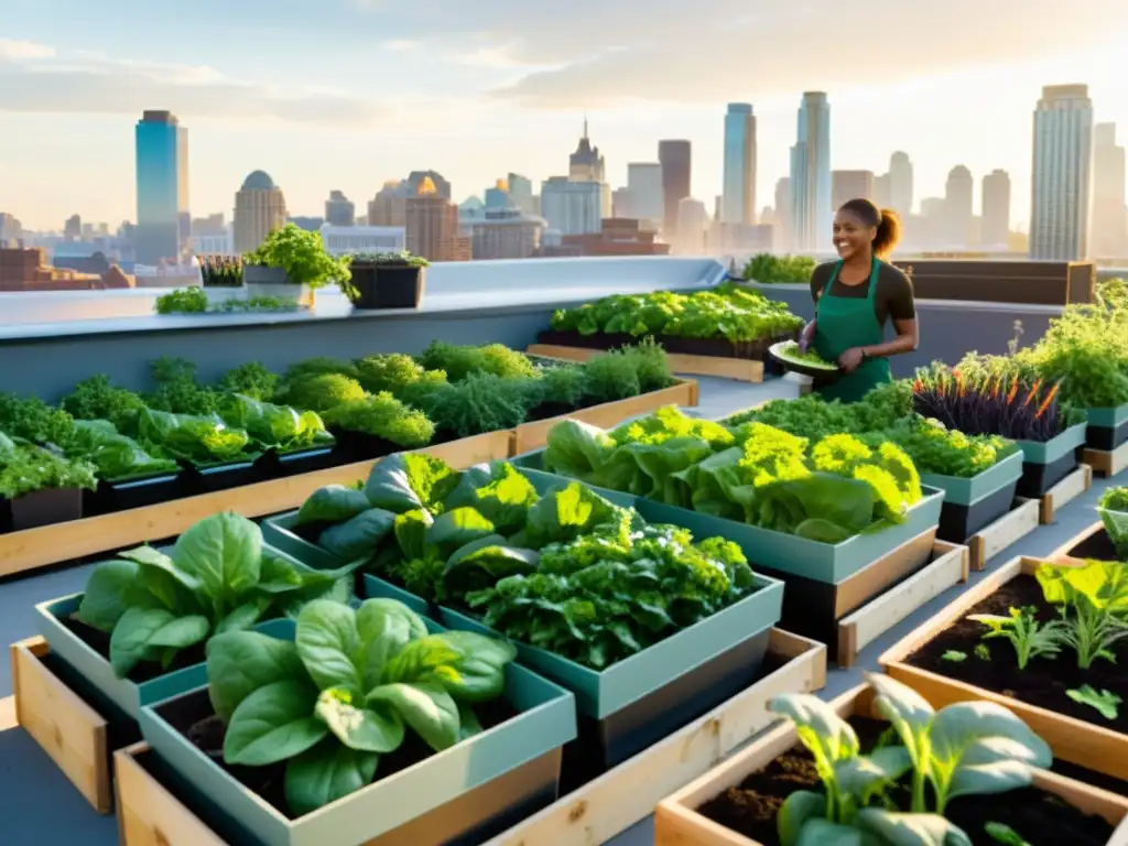 Una vibrante huerta urbana llena de vegetales y hierbas, cuidada por sonrientes agricultores urbanos