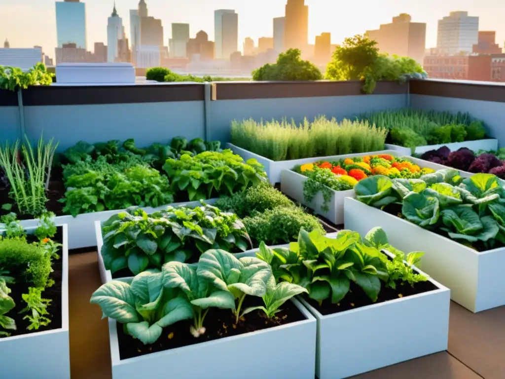 Una vibrante huerta urbana llena de vegetales y hierbas frescas, con personas discutiendo sobre educación alimentaria en agricultura urbana