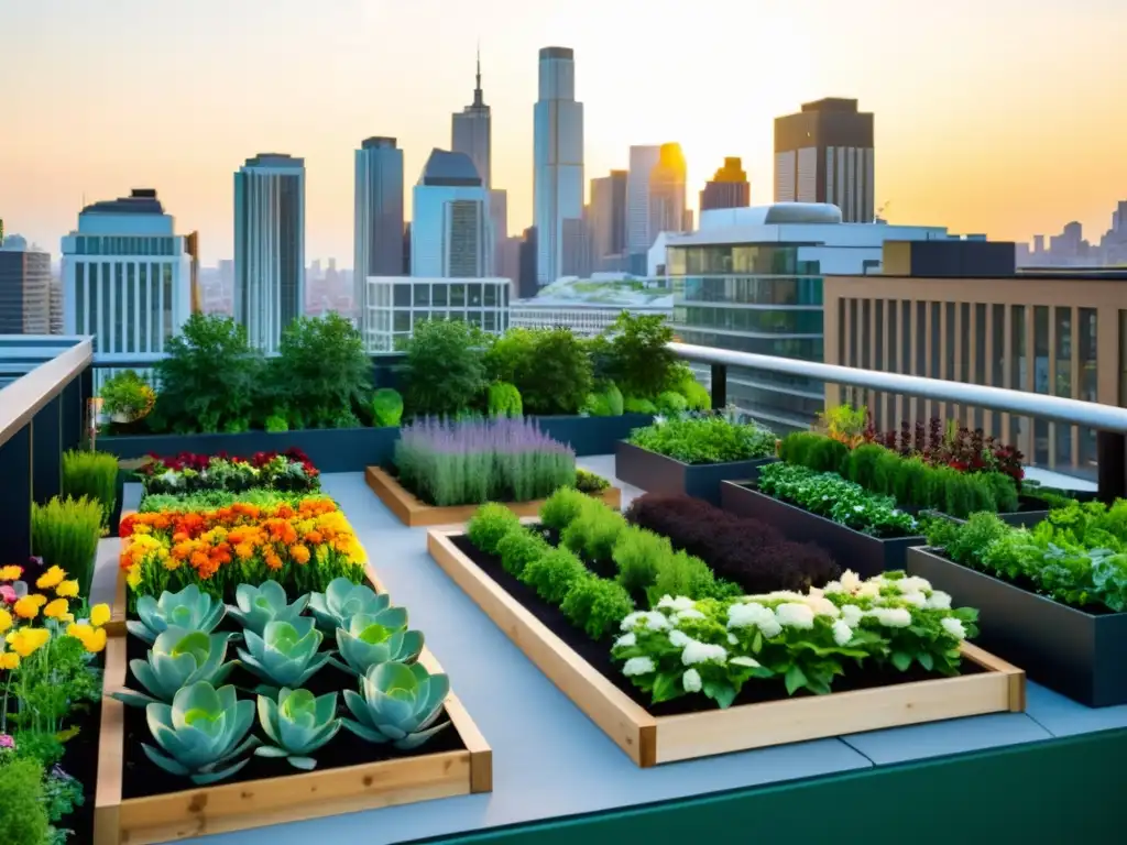 Vibrante huerto en azotea para agricultura urbana en la ciudad, con plantas verdes, flores coloridas y diseño moderno