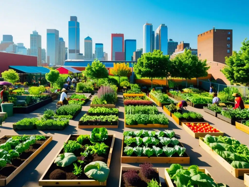 Vibrante huerto comunitario en ciudad, integrando naturaleza y comunidad