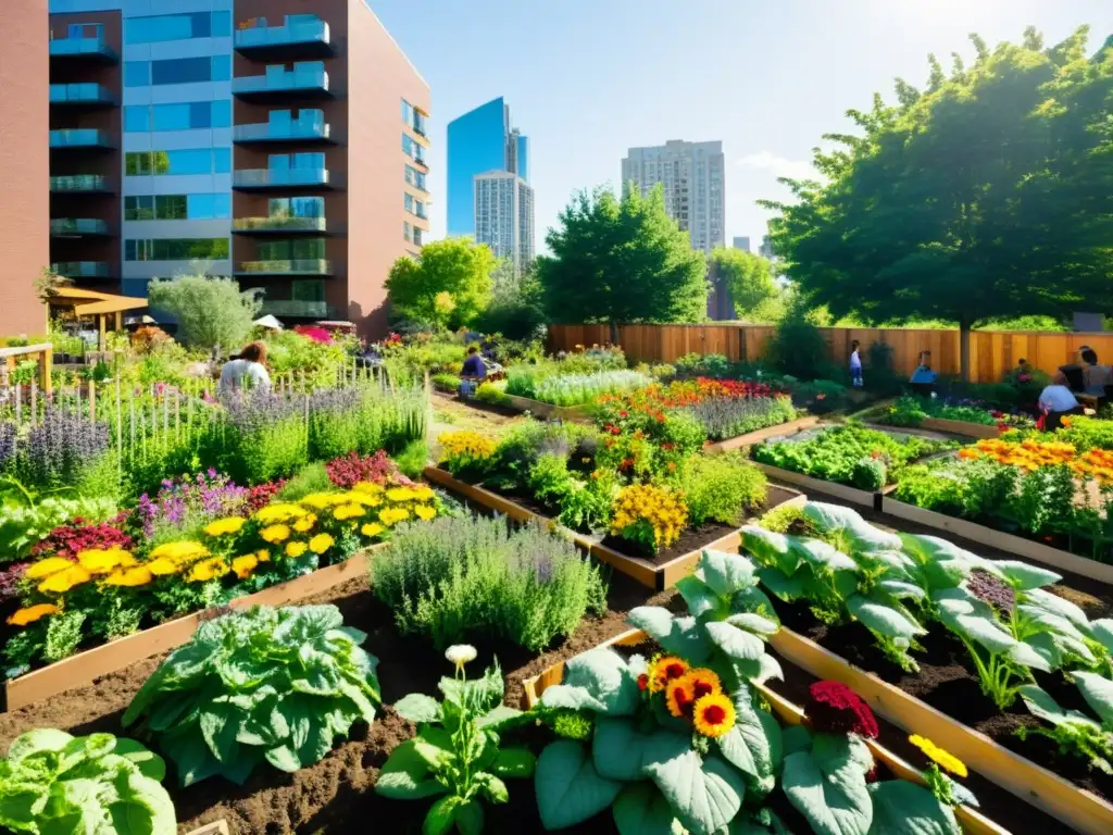 Un vibrante huerto comunitario donde florece la participación ciudadana en huertos comunitarios, con coloridas flores y gente diversa cuidando de las plantas juntos