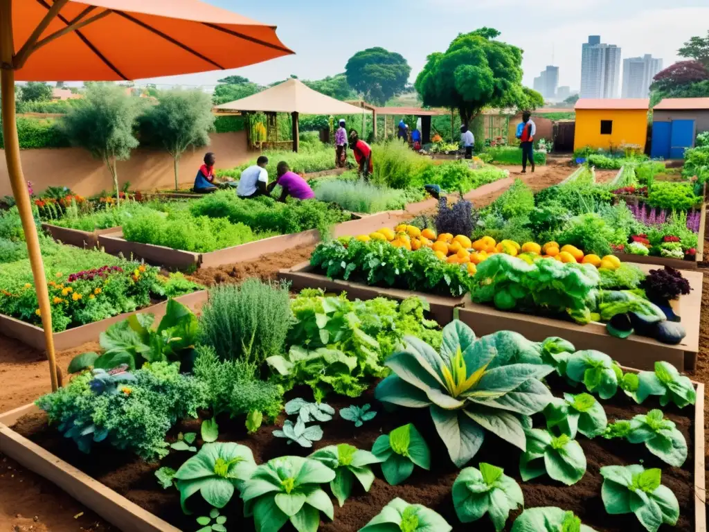 Un vibrante huerto comunitario en África, con diversidad de frutas, verduras y hierbas, cultivado por residentes locales