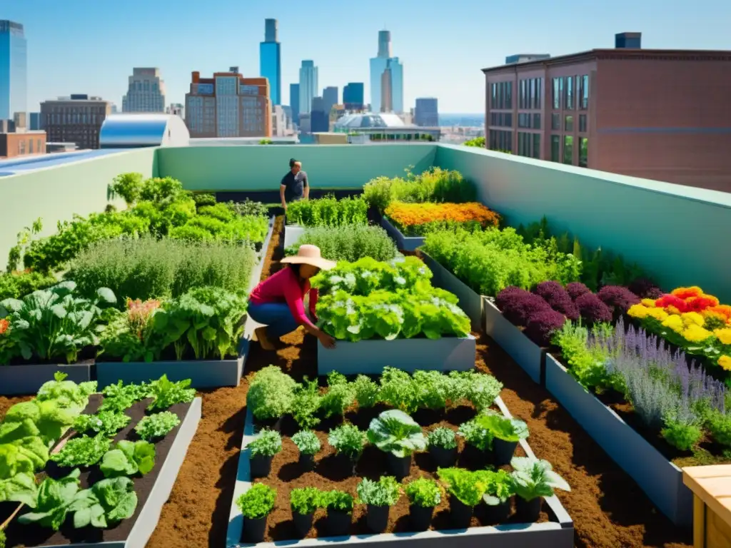 Un vibrante huerto urbano, con activistas en huertos urbanos inspiradores cuidando de una exuberante variedad de plantas y flores