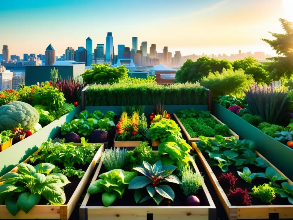 Vibrante huerto urbano con alimentos funcionales en la ciudad, irradiando vitalidad y armonía con la naturaleza