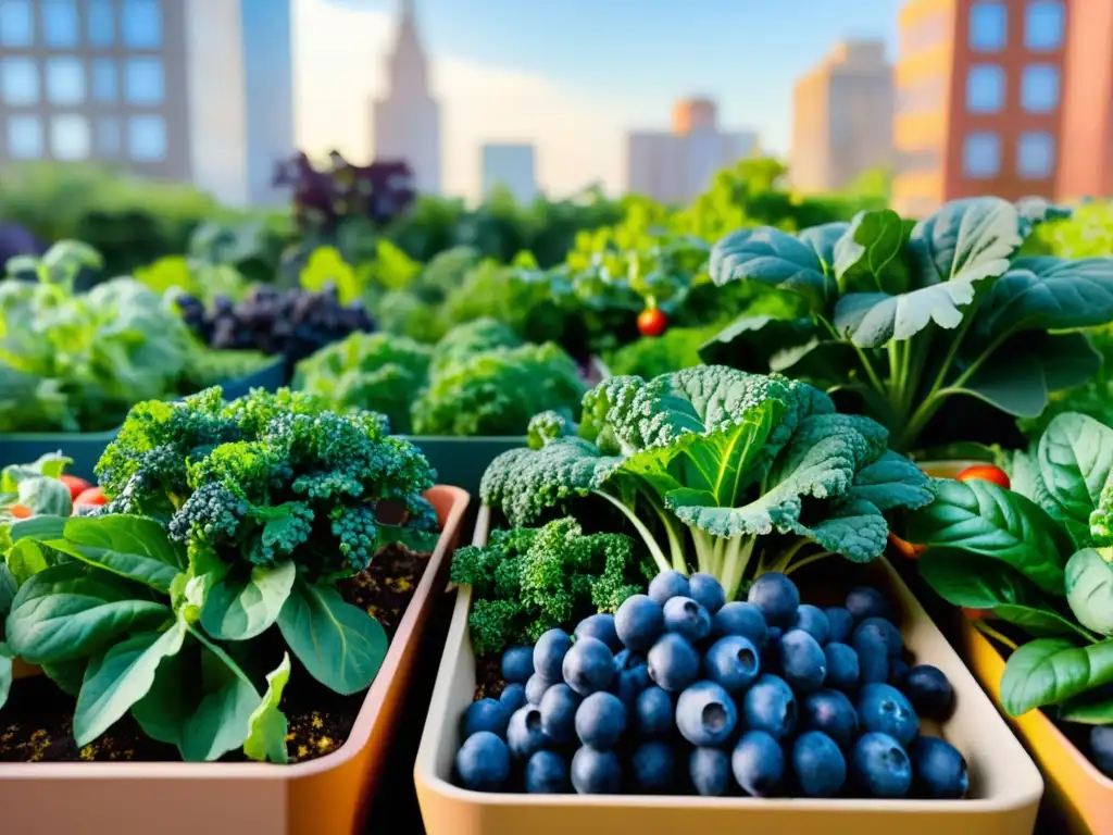 Jardín urbano vibrante con alimentos funcionales Un vibrante huerto urbano con alimentos funcionales en plena ciudad