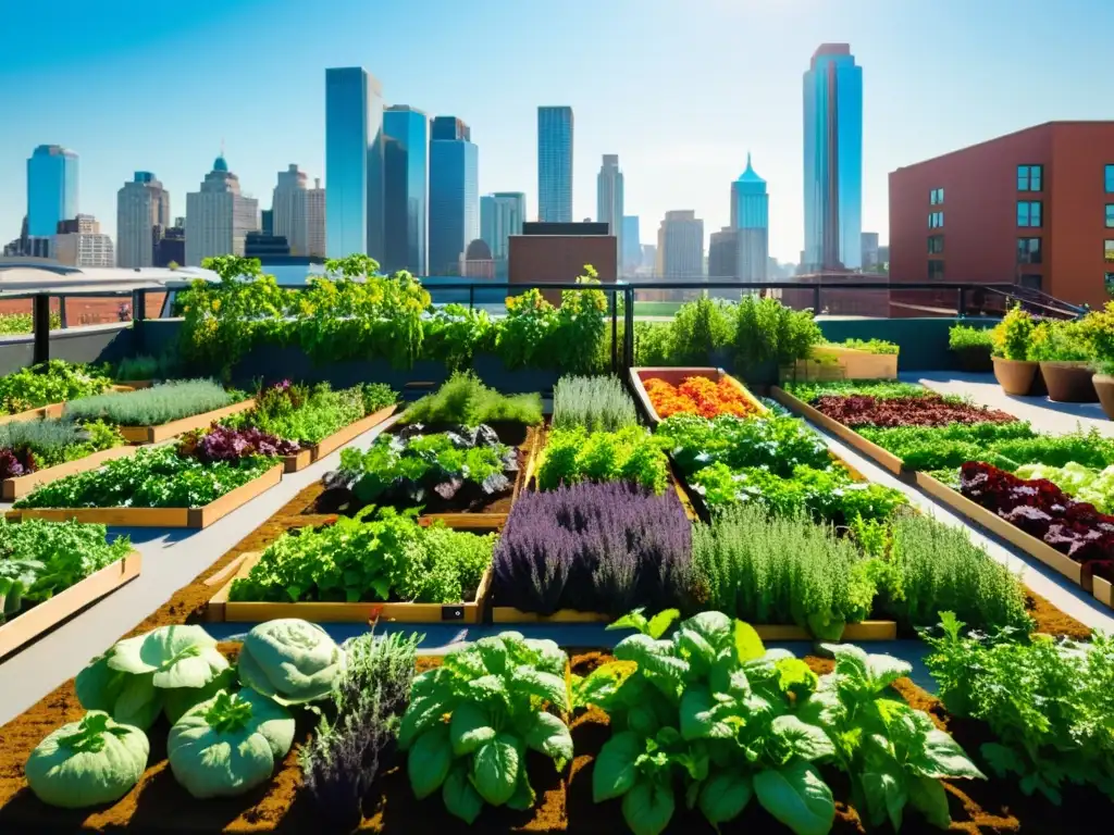 Un vibrante huerto urbano en una azotea llena de vegetales y hierbas, donde voluntarios y la comunidad trabajan juntos