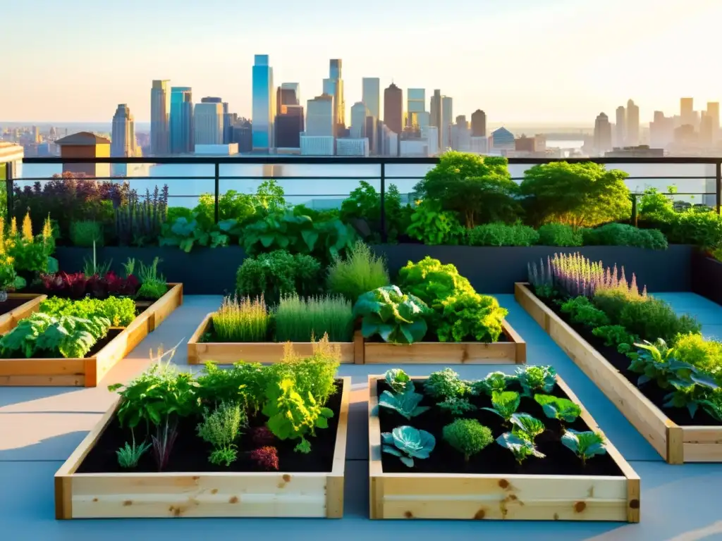 Un vibrante huerto urbano en azotea con hileras de vegetales y hierbas coloridas bajo la cálida luz del sol, con la ciudad de fondo