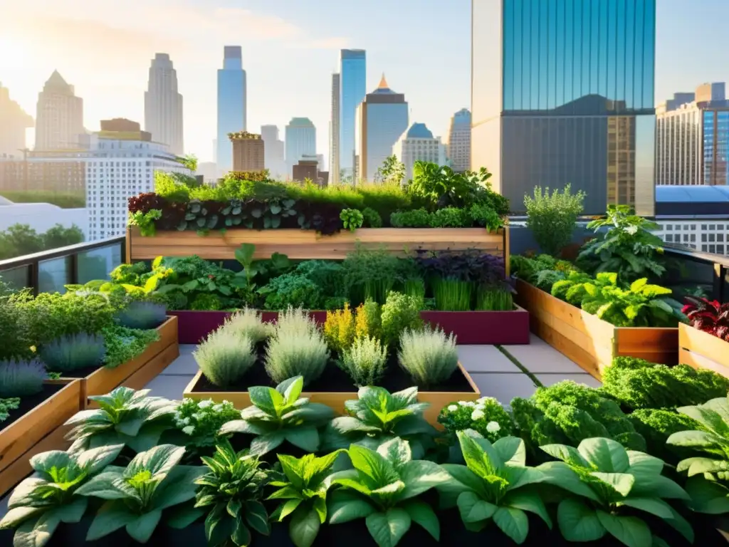 Vibrante huerto urbano en la ciudad, con diversidad de frutas, verduras y hierbas