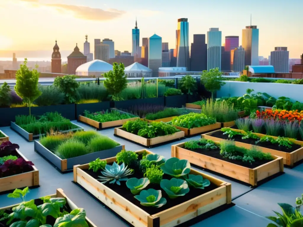 Un vibrante huerto urbano alimentando ciudades, repleto de vegetales y hierbas coloridas en un moderno jardín en la azotea