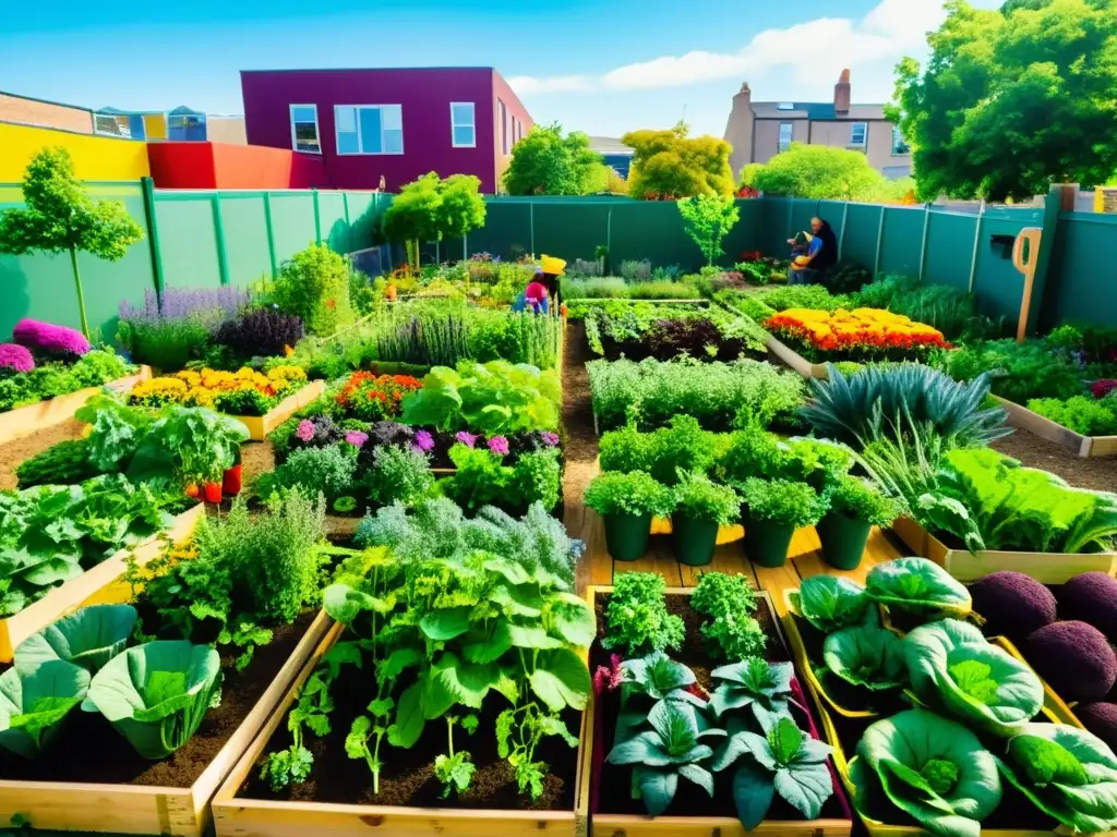 Una fotografía vibrante de un huerto urbano comunitario lleno de vegetales verdes y flores coloridas, con personas de todas las edades cuidando las plantas y participando en talleres educativos