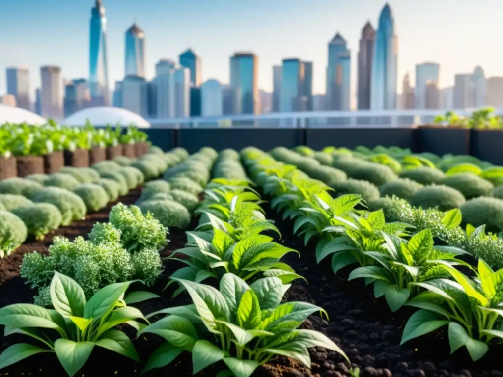 Vibrante huerto urbano con cultivo de semillas de chía en contraste con la ciudad al fondo, representando la armonía entre lo urbano y lo orgánico