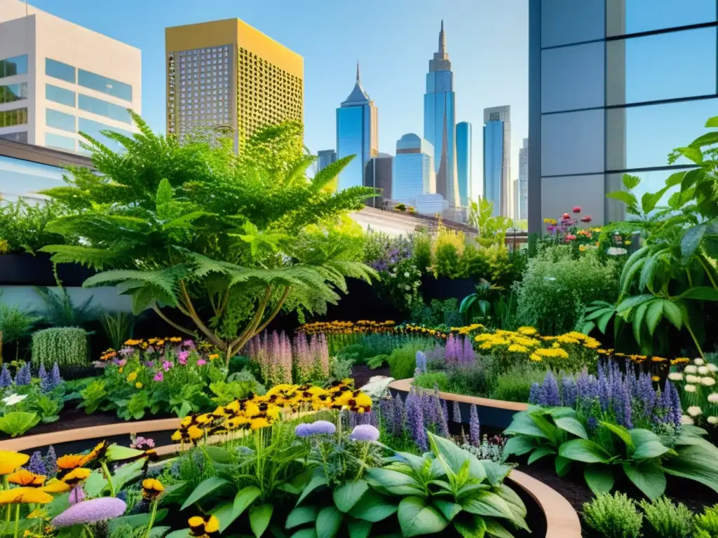 Vibrante huerto urbano con diversidad de plantas para polinización