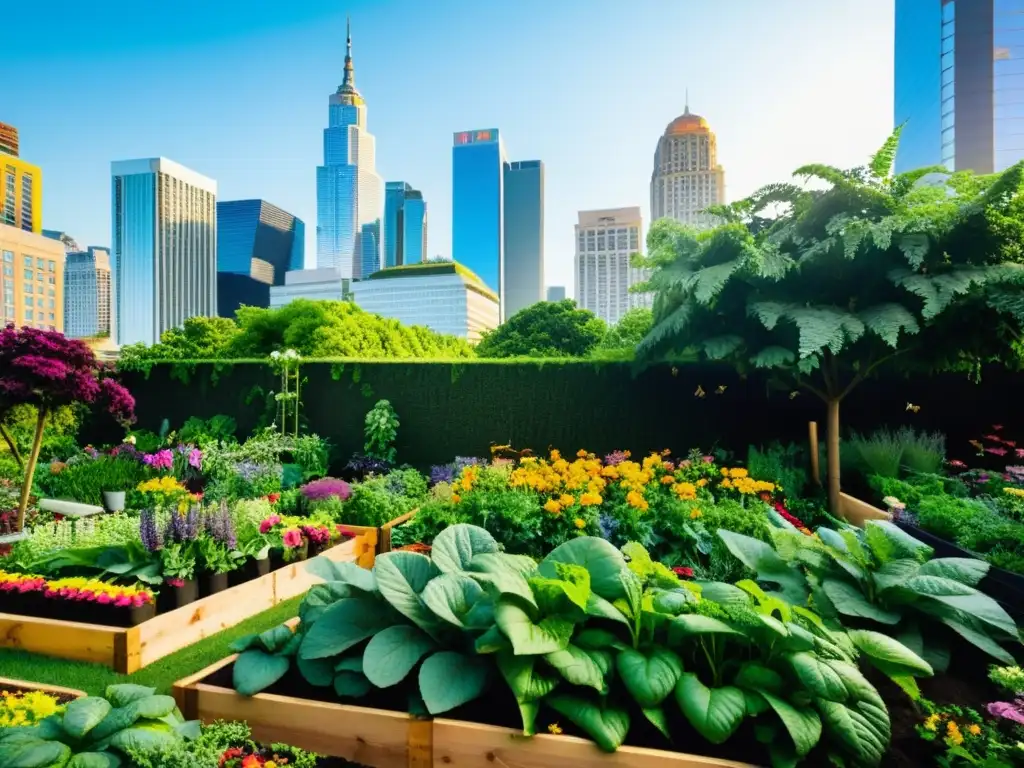 Un vibrante huerto urbano con diversidad de frutas, verduras y flores