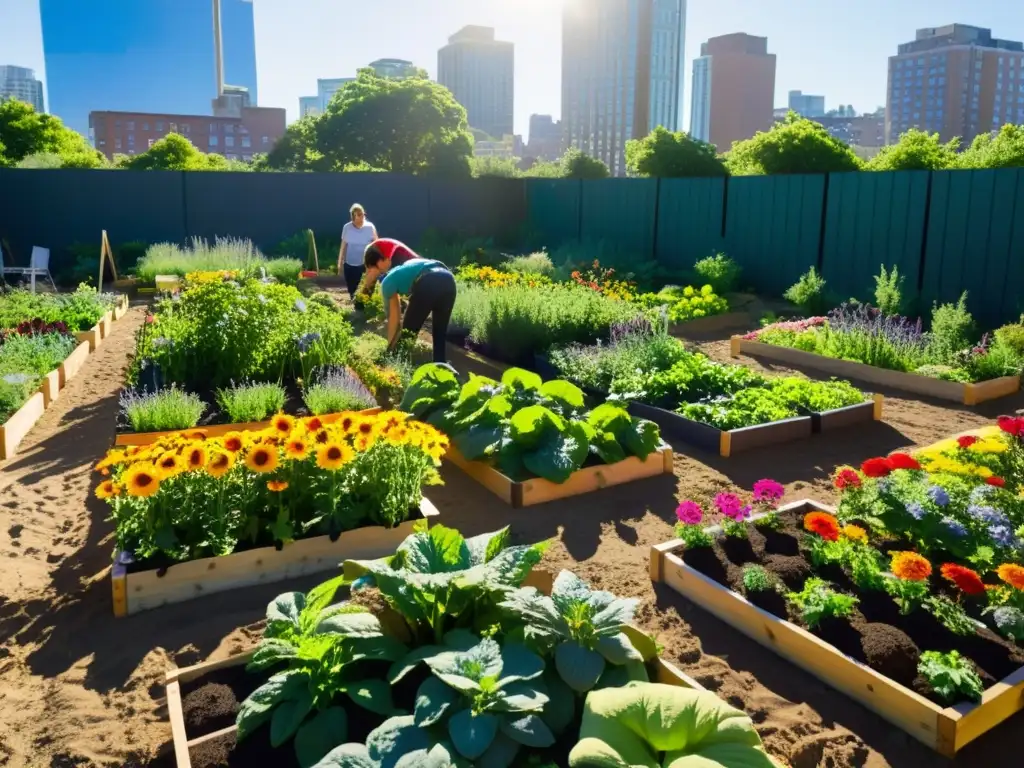 Un vibrante huerto urbano conserva especies en contraste con la ciudad moderna, mientras voluntarios cuidan y educan