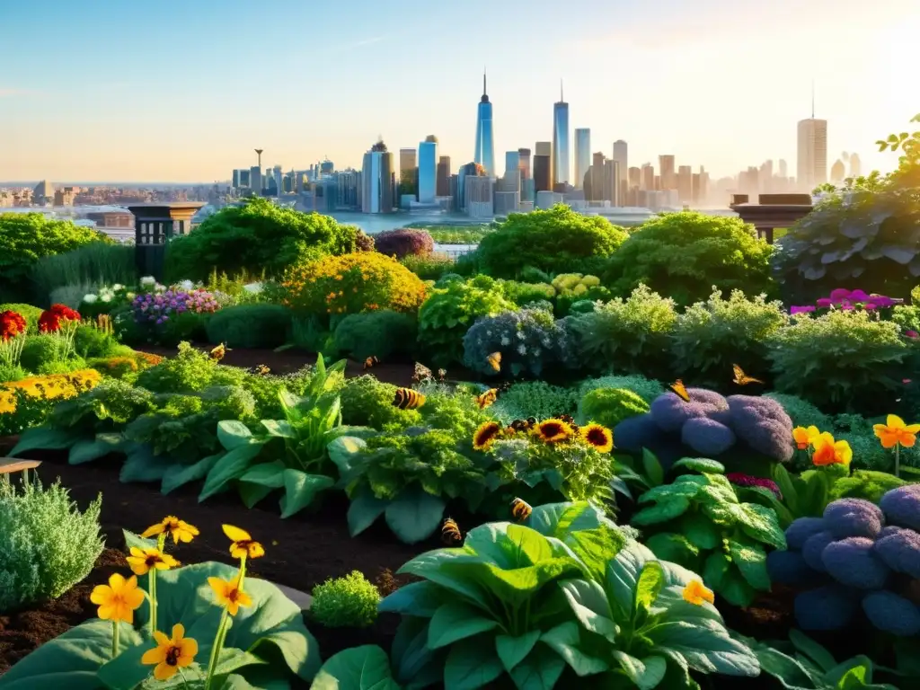 Vibrante huerto urbano con flores, vegetales, abejas y mariposas para polinización óptima